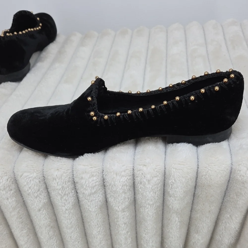Ramon Tenza Black Velvet Slip-On Loafers with Gold Stud Accents